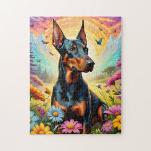 Dobermann-hond, bloemen en berglandschap legpuzzel