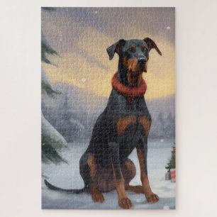 Dobermann-hond in sneeuw met Kerstmis Legpuzzel
