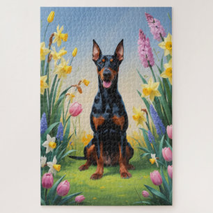 Dobermann-hond lente bloemen schilderij legpuzzel