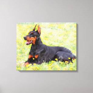Dobermann-hond zittend in tuin Aquarelschildering Canvas Afdruk