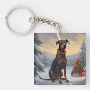 Dobermann in de Sneeuw Kerstmis Sleutelhanger