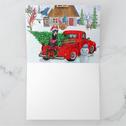 Dobermann in kerstbezorgingswagen sneeuw kaart (Binnen)