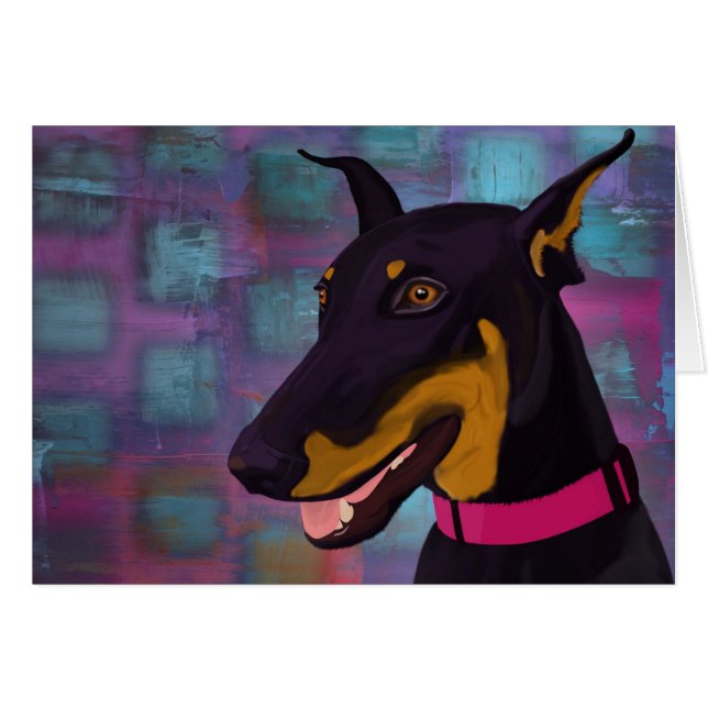 Dobermann noir de sourire sur un arrière - plan (Devant horizontal)