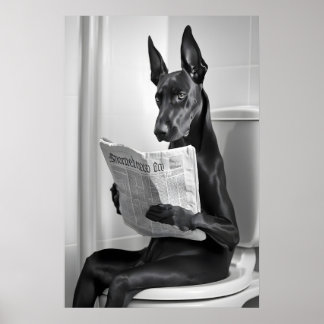 Dobermann op toilet, krant, grappige badkamerkunst poster