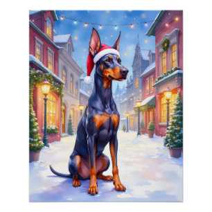 Dobermann Pinscher Besneeuwd Dorp Kerstman Hoed Ke Perfect Poster