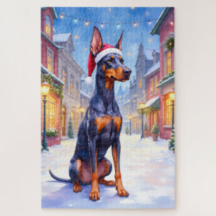 Dobermann Pinscher Sneeuw Dorp Kerstmuts Kerstmis Legpuzzel