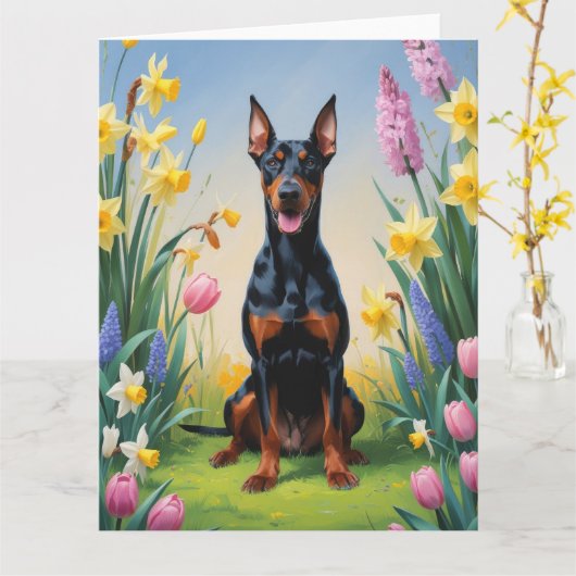 Dobermann Schilderij Lente Bloemen Kaart (Gele Bloem)