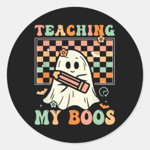 Docent Schattige Ghost Groovy Teacher Halloween Te Ronde Sticker