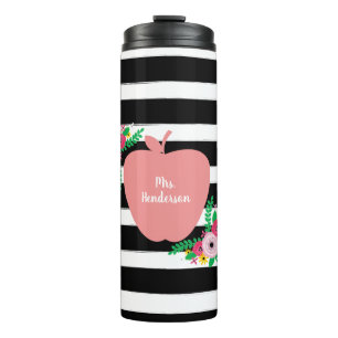 Docetsroze Apple Black + White Stripe Floral Thermosbeker