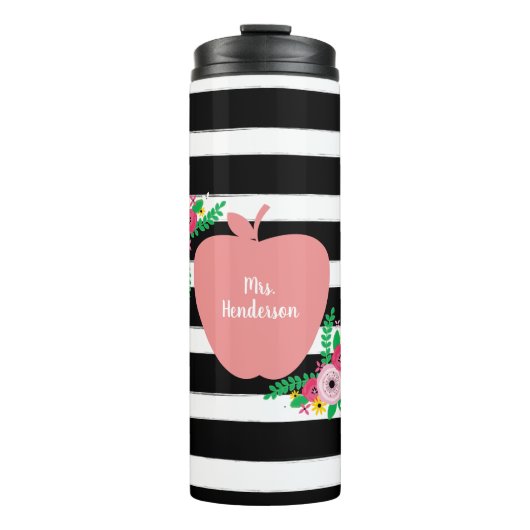 Docetsroze Apple Black + White Stripe Floral Thermosbeker (Voorkant)