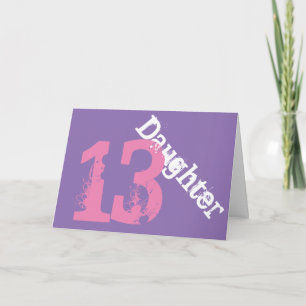 Dochter, 13e verjaardag, wit, roze op paarse. kaart