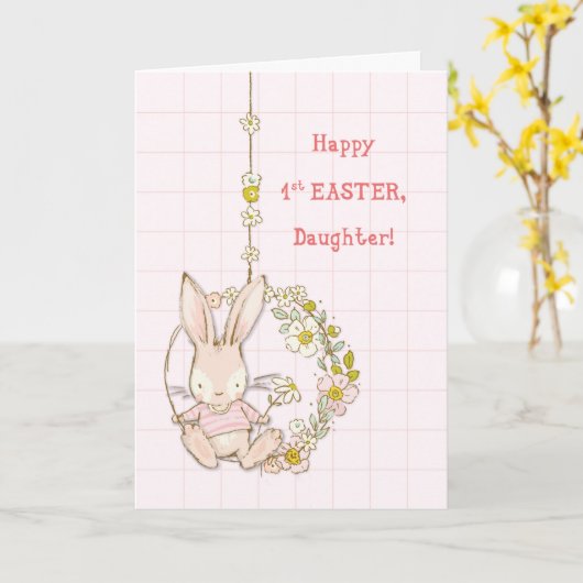 Dochter eerste Pasen konijn op bloemenschommel Kaart (Gele Bloem)