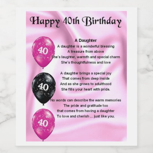 Dochter Gedicht Wijnflesje Label - 40e Verjaardag Wijn Etiket (Enkel label)