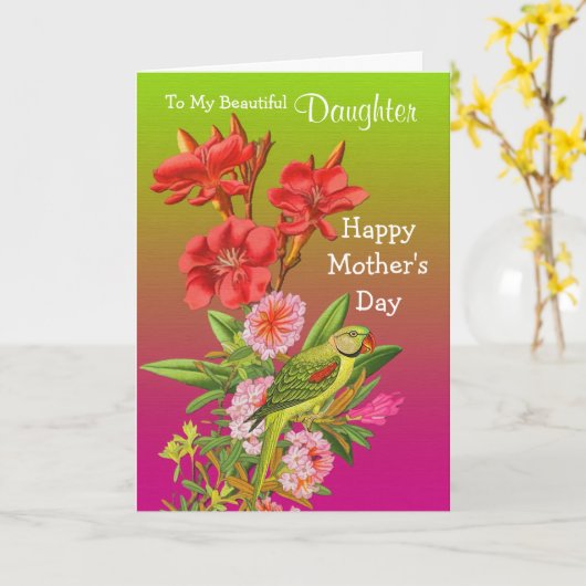 Dochter / Happy Moederdag - Bloemen en papegaai Kaart (Gele Bloem)
