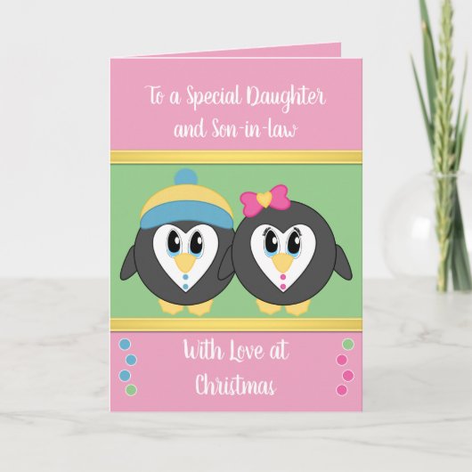Dochter roze en groene pinguïns Kerstmis Kaart (Voorkant)