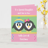 Dochter roze en groene pinguïns Kerstmis Kaart (Gele Bloem)