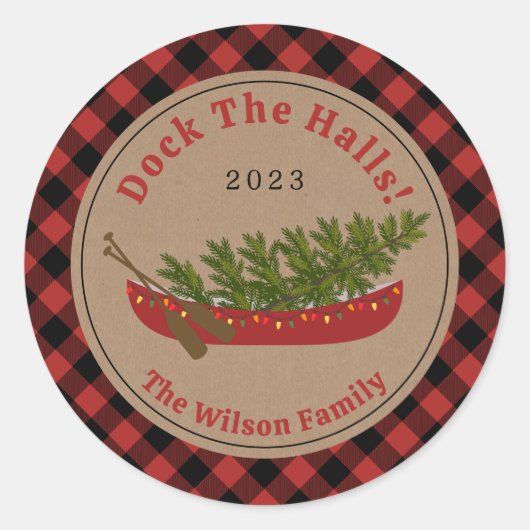 Dock de hallen kano kerstboom pllaid ronde sticker (Voorkant)