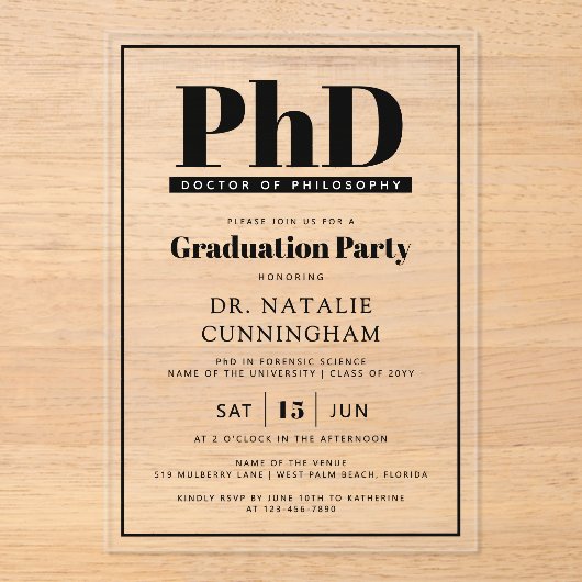 Doctor in de wijsbegeerte Doctoraal Afstuderen Acryl Uitnodigingen (Voorkant)