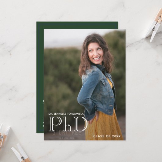 Doctorat Faire-part photo blanc vert (Devant/Arrière en situation)