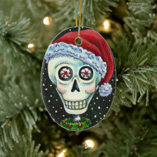 DODE HOOFD SANTA SKULL, CHRISTMAS SKELETON HUMOR KERAMISCH ORNAMENT