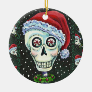 DODE HOOFD SANTA SKULL, CHRISTMAS SKELETON HUMOR KERAMISCH ORNAMENT