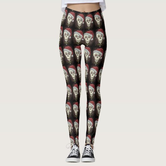 DODE HOOFD SANTA SKULL, CHRISTMAS SKELETON HUMOR LEGGINGS (Voorkant)