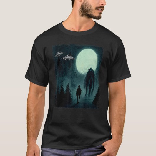 Dode Man die met cryptid Animal UFO Halloween Post T-shirt (Voorkant)