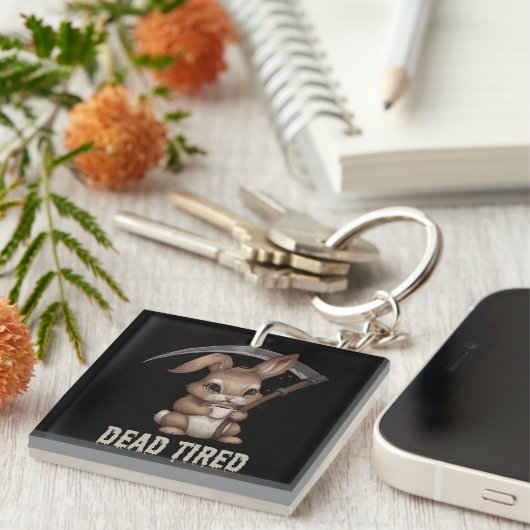 Dode vermoeide Schattigee Bunny Grim Reaper Coffee Sleutelhanger (Voorkant Rechts)