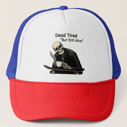 Dode Vermoeide Skater Skeleton Halloween Koffiewag Trucker Pet (Voorkant)