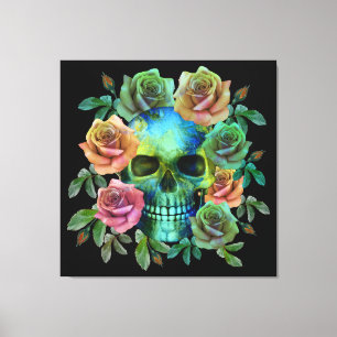 DODEN GROENE Schedel MET BLOEMEN Canvas Afdruk