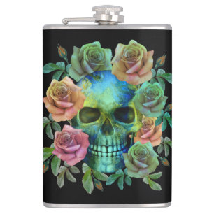 DODEN GROEne schedel MET bloemen Heupfles