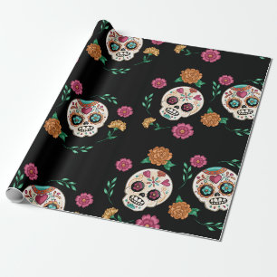 Dodenherdenking Suikerschedels en Bloemen Zwart Cadeaupapier