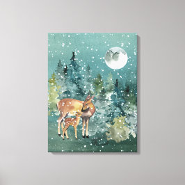 Doe en Fawn Deer Forest Full Moon Snowfall Canvas Afdruk