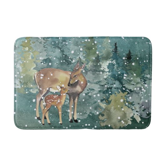 Doe en Fawn Deer in Forest Full Moon Snowfall Badmat (Voorkant)
