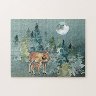 Doe en Fawn Deer in Forest Full Moon Waterverf Legpuzzel