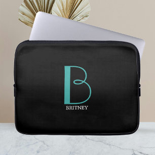 Doe-het-zelf grote monogram & naam, turquoise/witt laptop sleeve