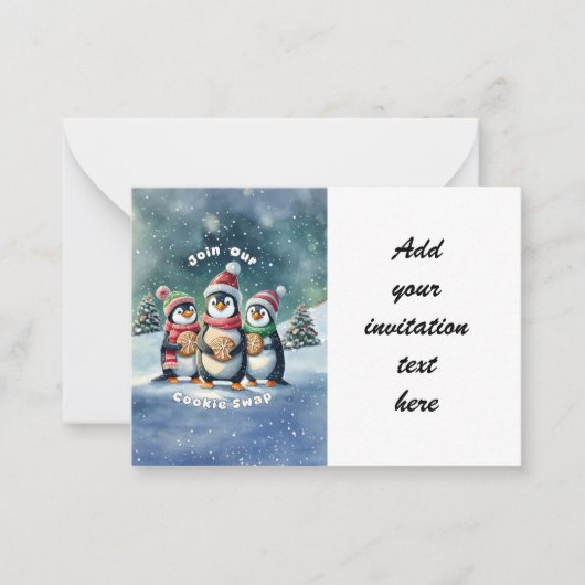 Doe mee met onze Cookie Swap - Penguin Invitation Notitiekaartje (Voorkant)