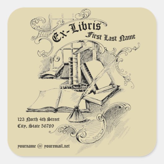  doekpen en boeken Ex libris Sjabloon Vierkante Sticker (Voorkant)