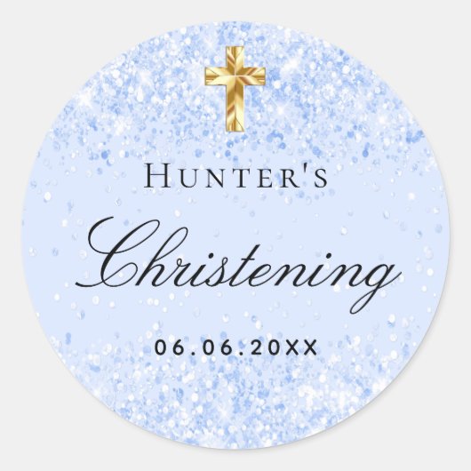 Doffertje lichtblauwe glitters schittering jongens ronde sticker (Voorkant)