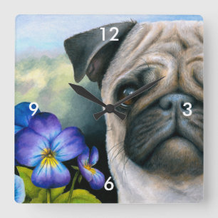 Dog 133 Pug Blue Paars Flower Vierkante Klok
