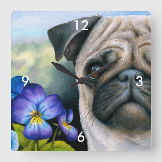 Dog 133 Pug Blue Paars Flower Vierkante Klok (Voorkant)