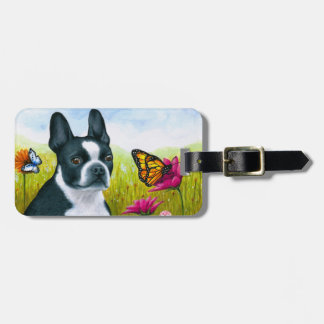 Dog 134 Boston Terrier Butterfly Flower Bagagelabel