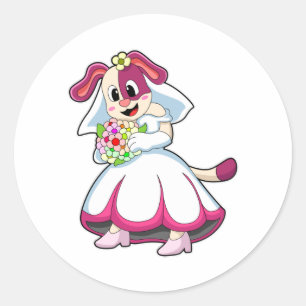 Dog als Bride met bruiloft-jurk en bloemen Ronde Sticker