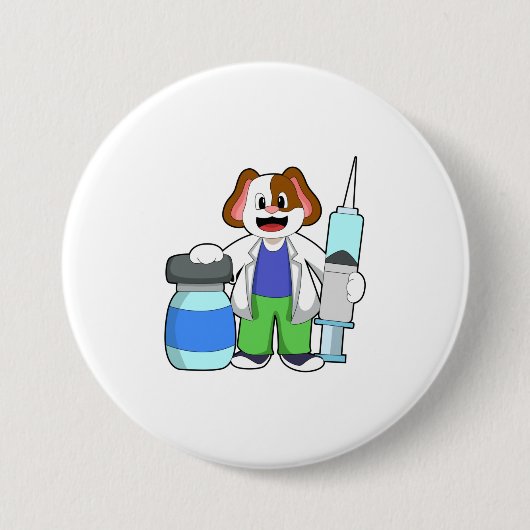 Dog als dokter met spuit ronde button 7,6 cm (Voorkant)