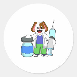 Dog als dokter met spuit ronde sticker