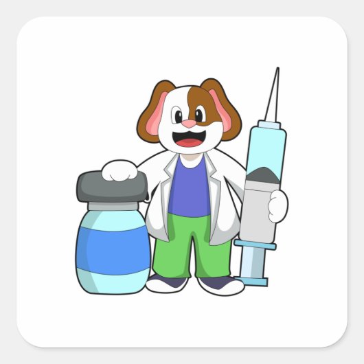 Dog als dokter met spuit vierkante sticker (Voorkant)