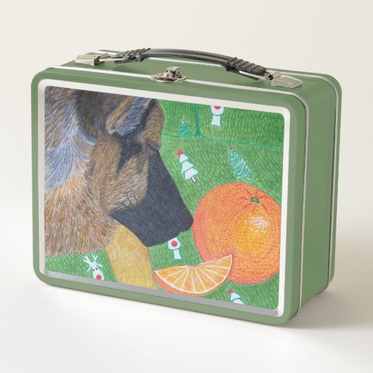 Dog and orange metal lunch box (Devant)