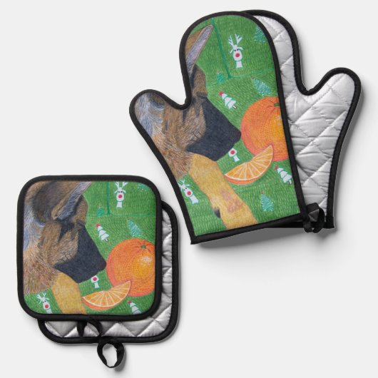 Dog and orange oven mitt & pot holder set (Voorkant / Achterkant)