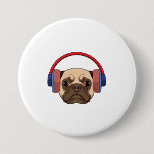Dog bij Muziek met Hoofdtelefoon Ronde Button 7,6 Cm