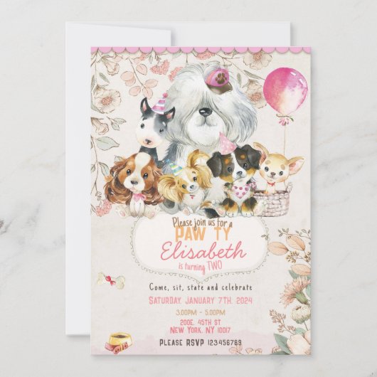 Dog Birthday Invitation Printable, girl Invitation (Devant)